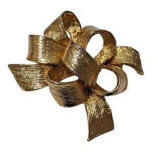 Gold Ribbon Brooch Textured‎ Bow Pin Holiday Gift Present Jewelry
